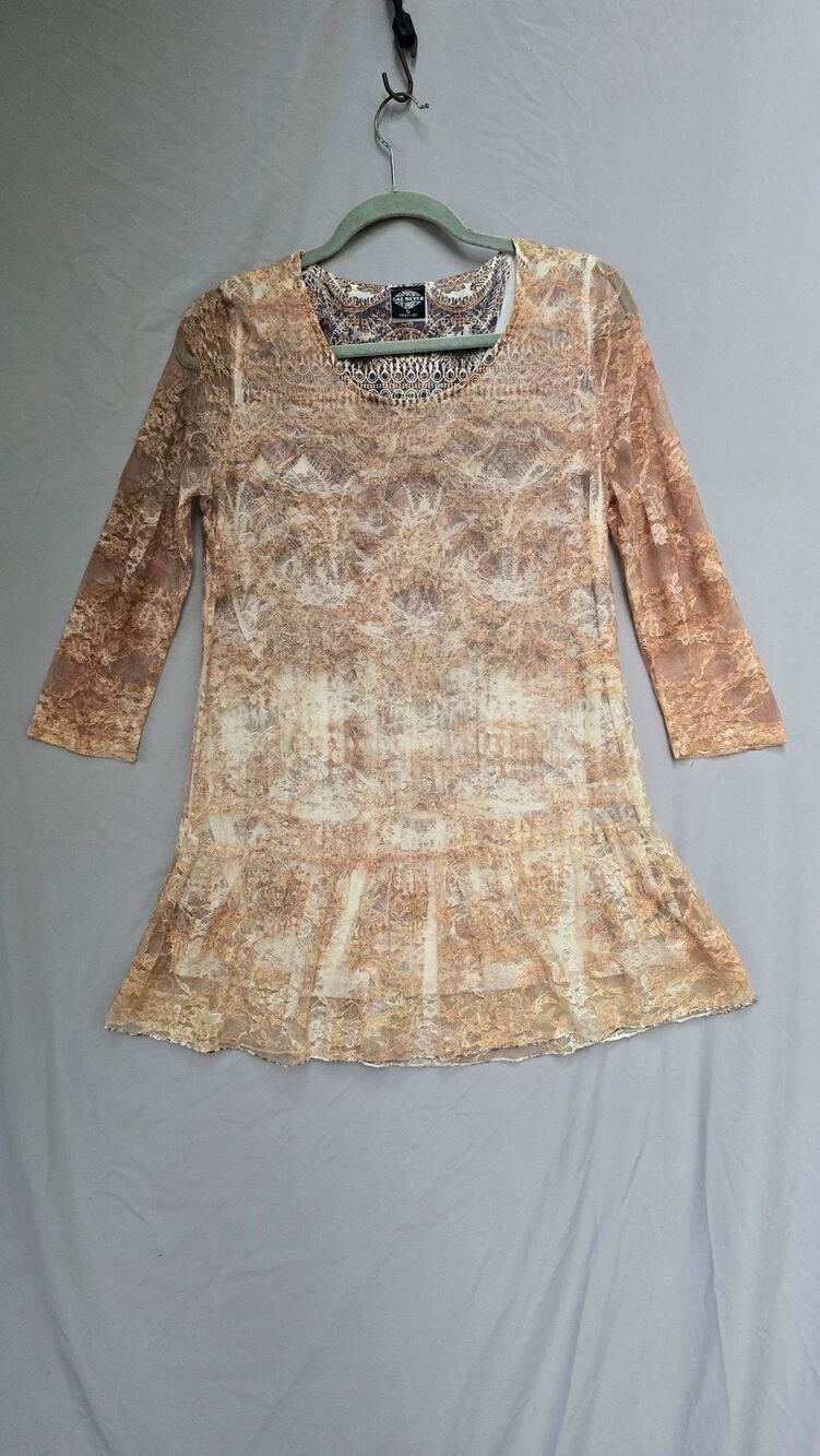 Cal Style Blouse Womens Small Beige Lace Sheer Ruffle Hem 3/4 Sleeve Tunic Top